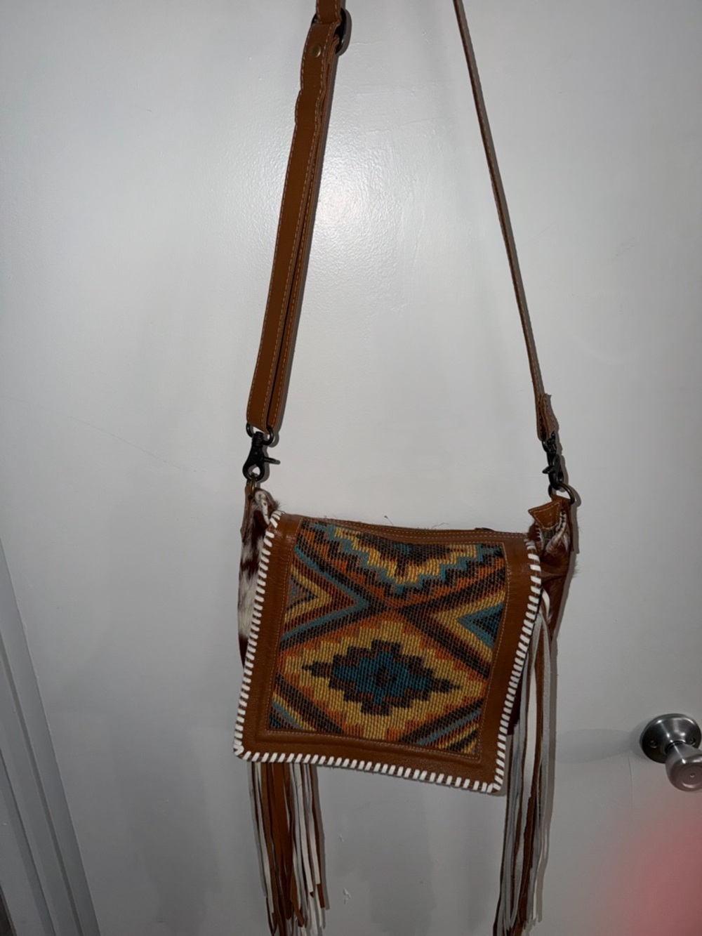 Myra Bag Brown Leather Fringe Crossbody with Southwestern Pattern